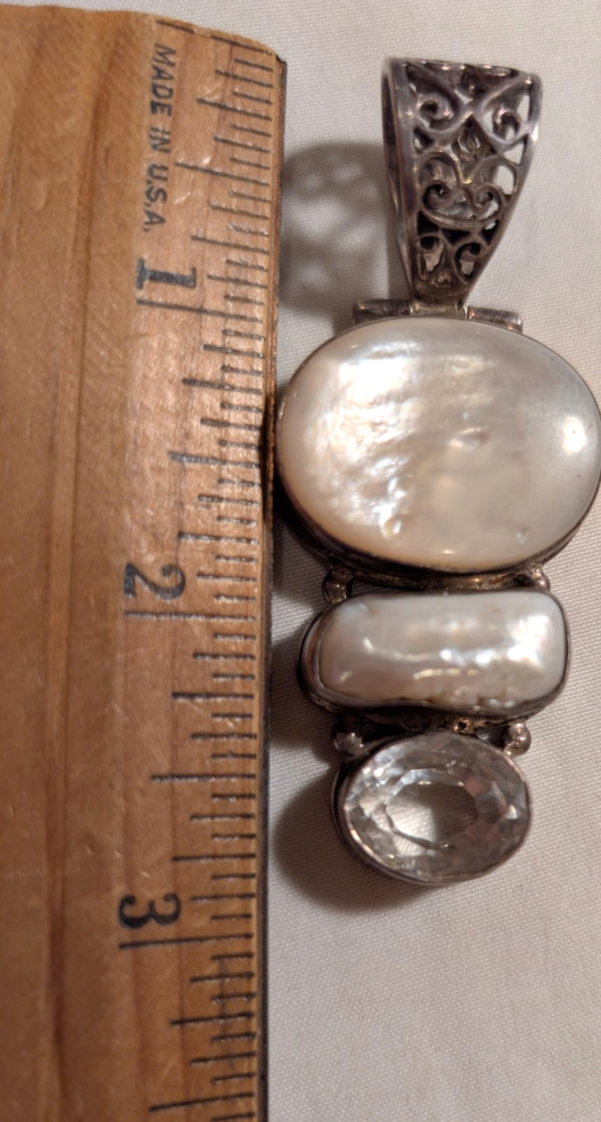 Sterling Silver 925 2 MOP & Topaz? Unique Hinged Pendant Oversized Filigree Bail