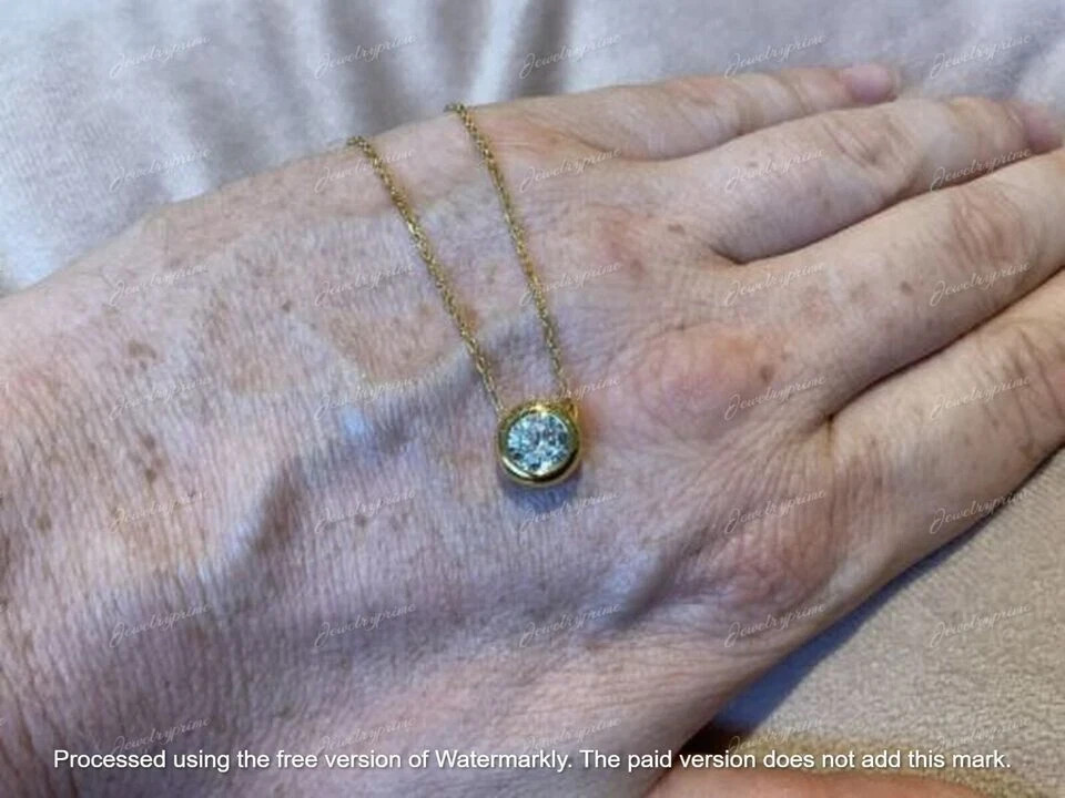Real 10k Yellow Gold 2Ct Lab Created Moissanite Pendant Bezel Set Neckalce