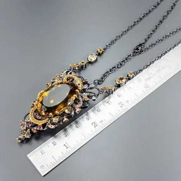 Natural 60ct Not Enhanced Citrine and Rhodolite Necklace 925 Sterling Silver 19