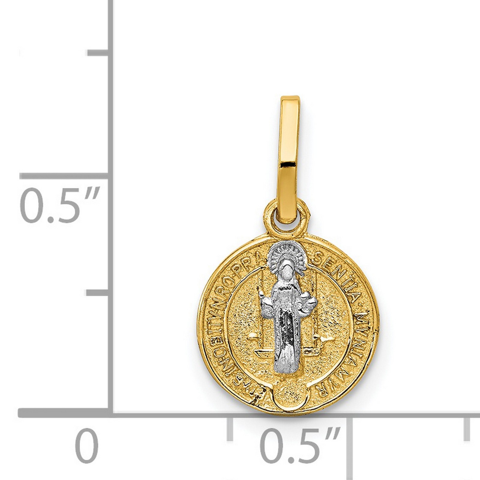 Saint Benedict and Words on Miniature Medal Pendant in Real 14k Two-Tone Gold