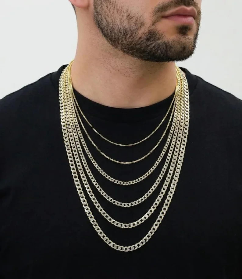 10K Yellow Gold Pave Cuban Curb Link Chain Necklace Real Gold Men Women 16-28in