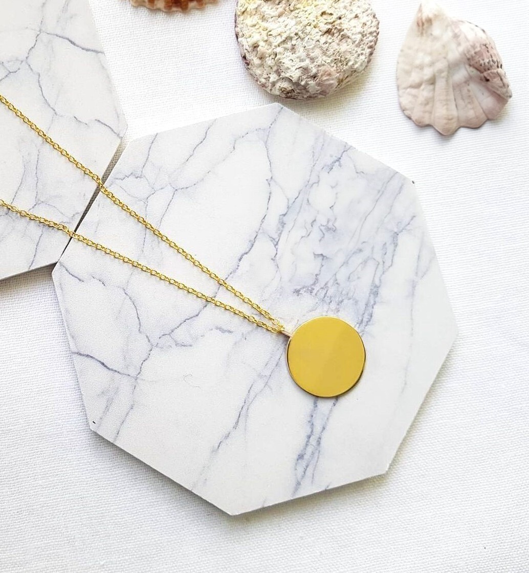 14K Plated Custom Engraved Disc Necklace, Gold Round Necklace, Circle Necklace