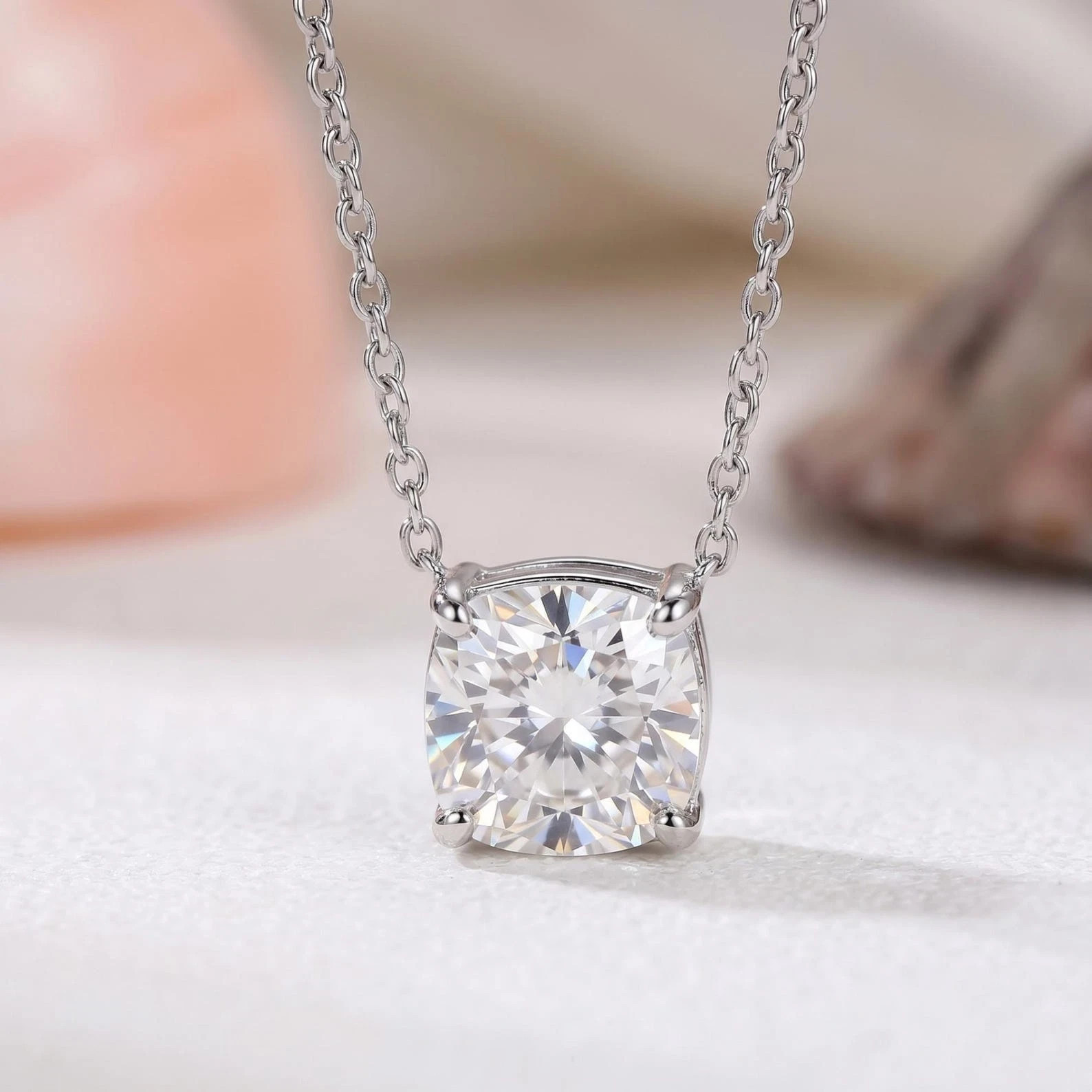 1Ct Cushion Cut Lab Created Moissanite Solitaire Pendant Necklace 18″ 925 Silver