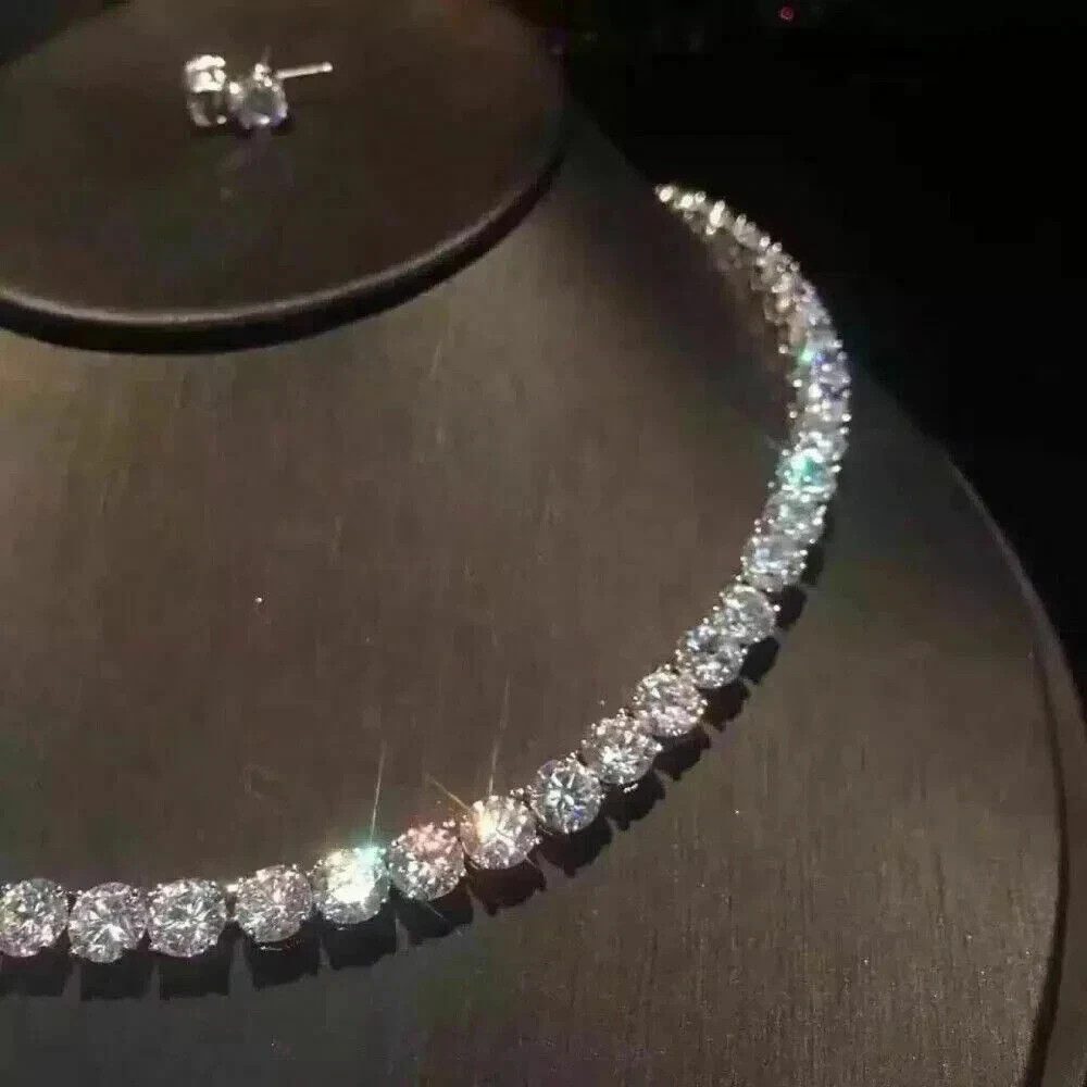 28.50 TCW Round Cut REAL MOISSANITE Tennis Necklace 14K White Gold Plated 18″