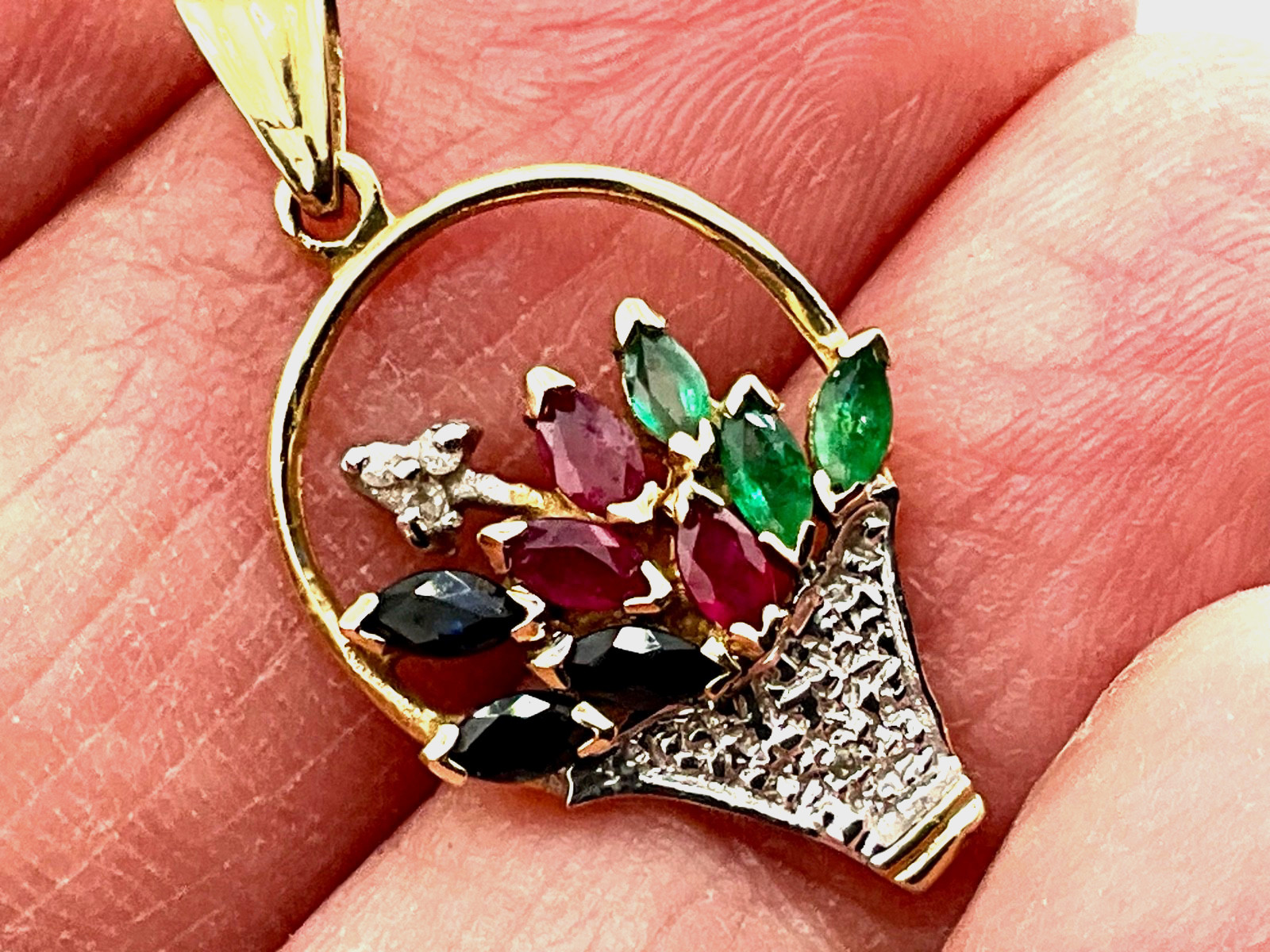 Vintage Minimalist 10k Gold Flower Basket Pendant Ruby Emerald Sapphire Diamond