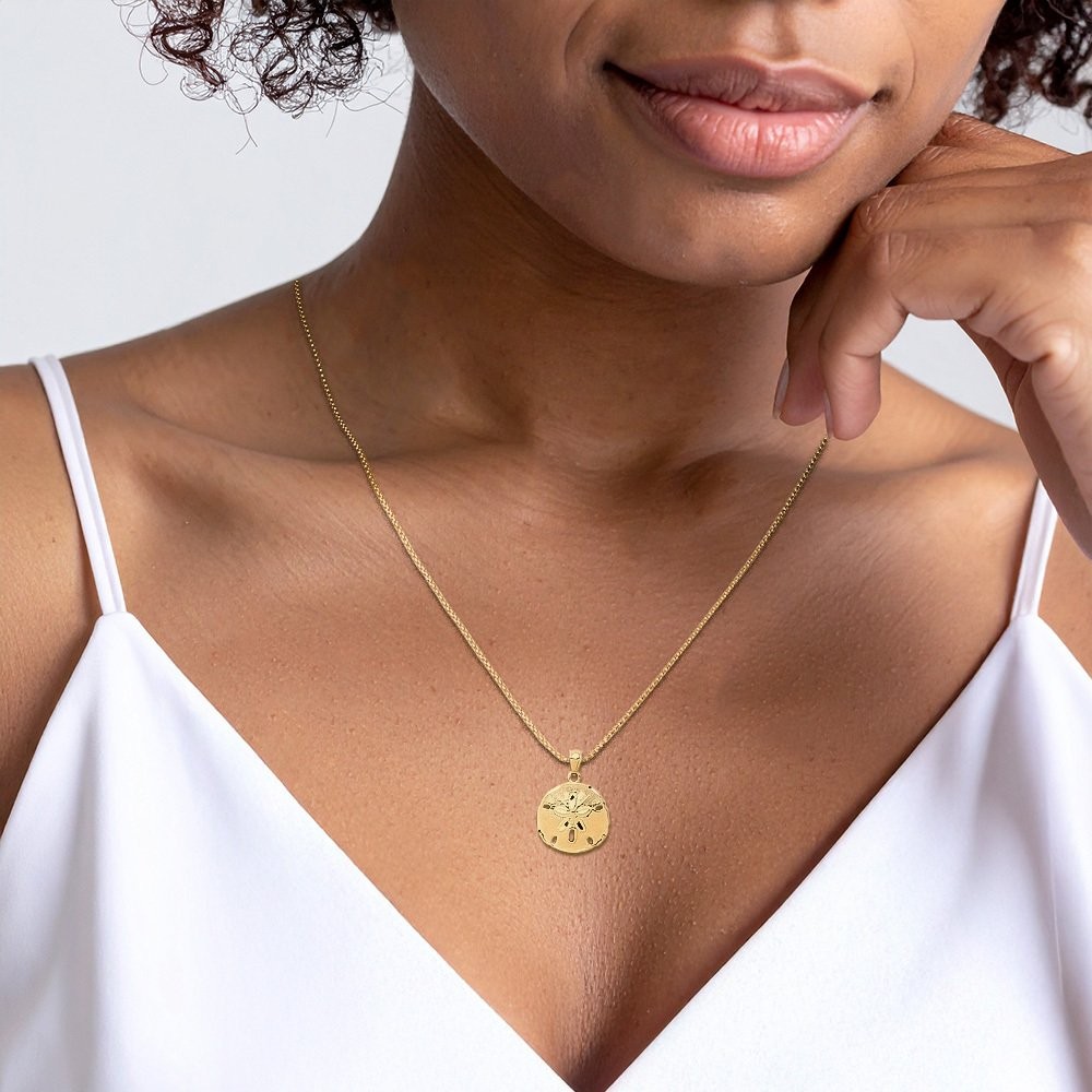 10K Solid Yellow Gold Medium Sand Dollar Starfish Pendant Necklace 24mm