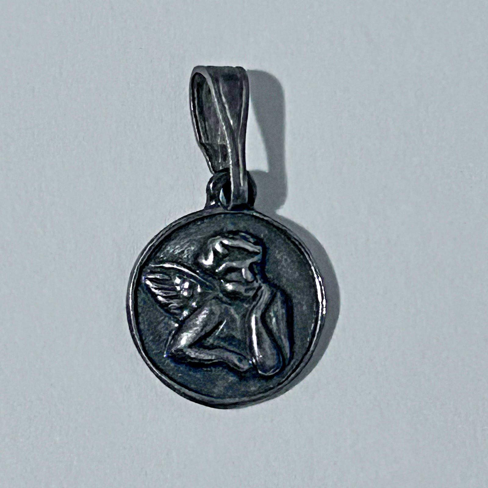Vintage Cherub Angel Medallion Sterling Silver Small Charm 925 Oxidized