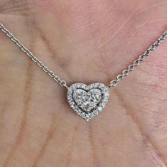 14k White Gold Plated 1.50Ct Round Lab Grown Diamond Double Heart Pendant Chain