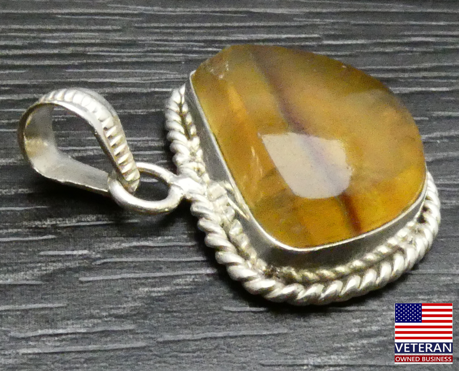 Vintage Sterling Silver Yellow Opaque Hand Made Roped Unique Teardrop Pendant