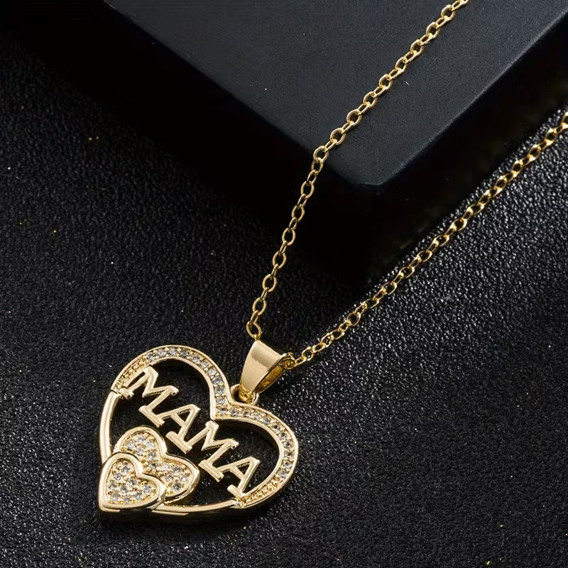 14K Yellow Gold Plated Lab Created Diamond Heart MAMA Pendant Necklace for Her