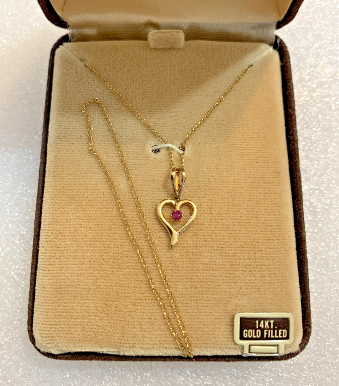 Vtg 14K GF Heart with Ruby 18″ Chain in Original Jewelers Box 1970s