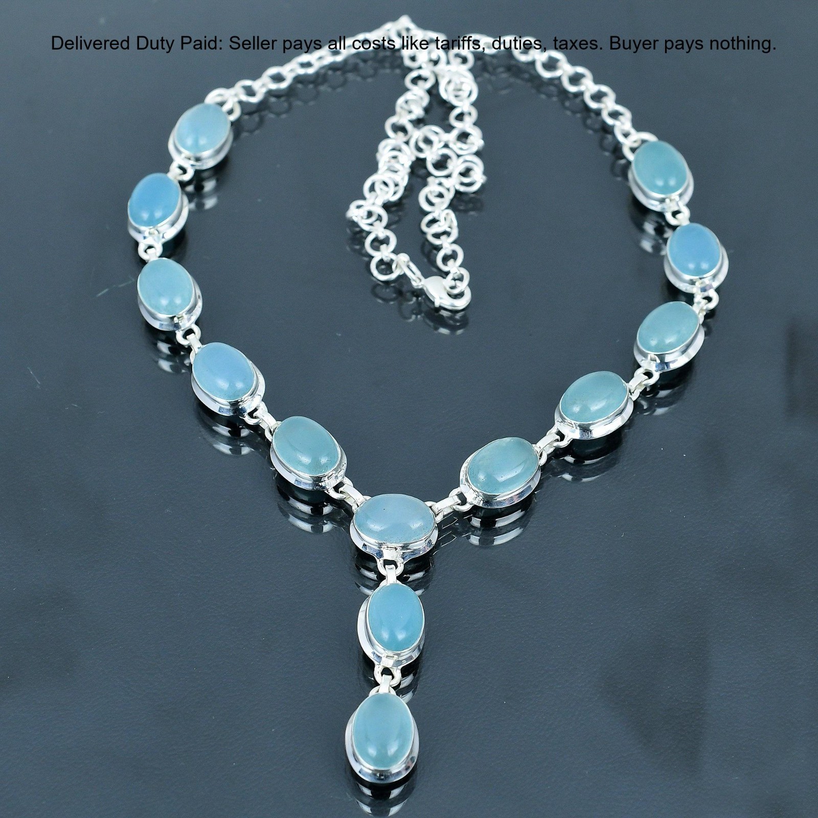 Valentines Deal Sterling Silver Oval Aquamarine Gemstone Chain Necklace Jewelry