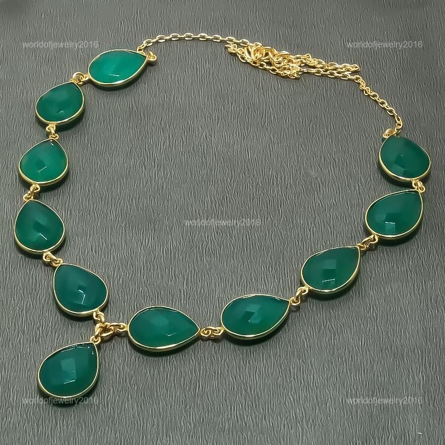 Natural Green Onyx Beaded Anniversary Wife Necklace Jewelry Yellow Gold Vermeil