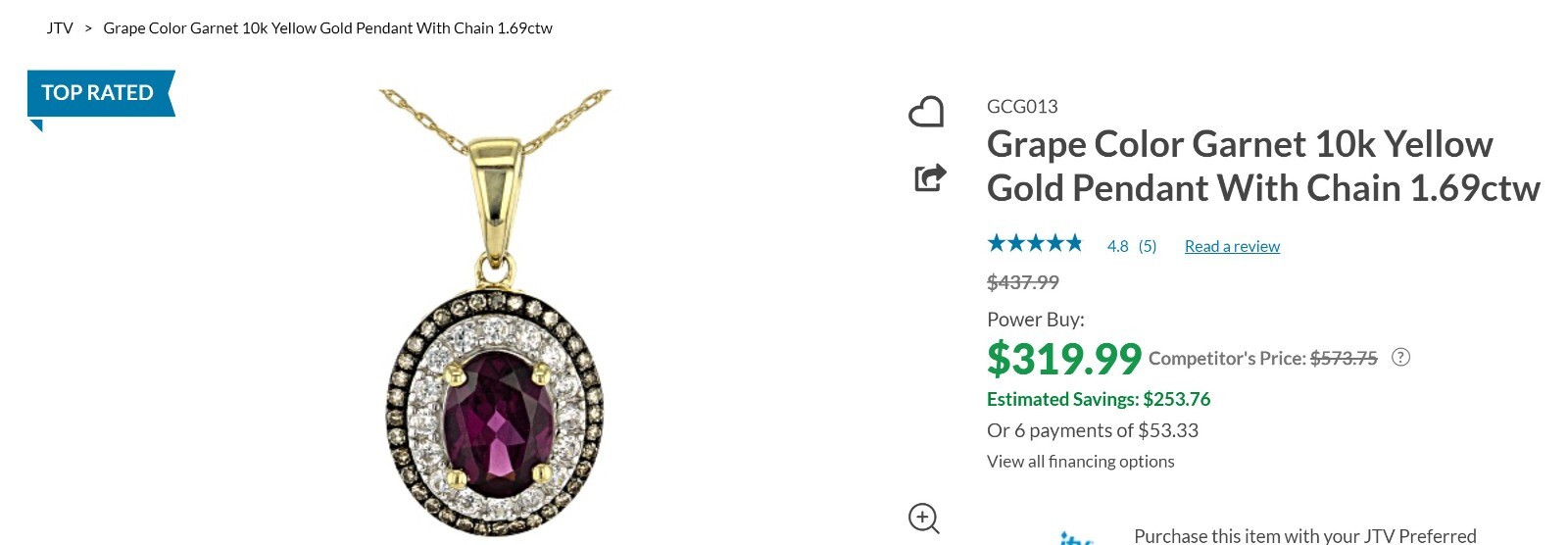Grape Color Garnet 10k Yellow Gold Pendant With Chain 1.69ctw NIB JTV GCG013