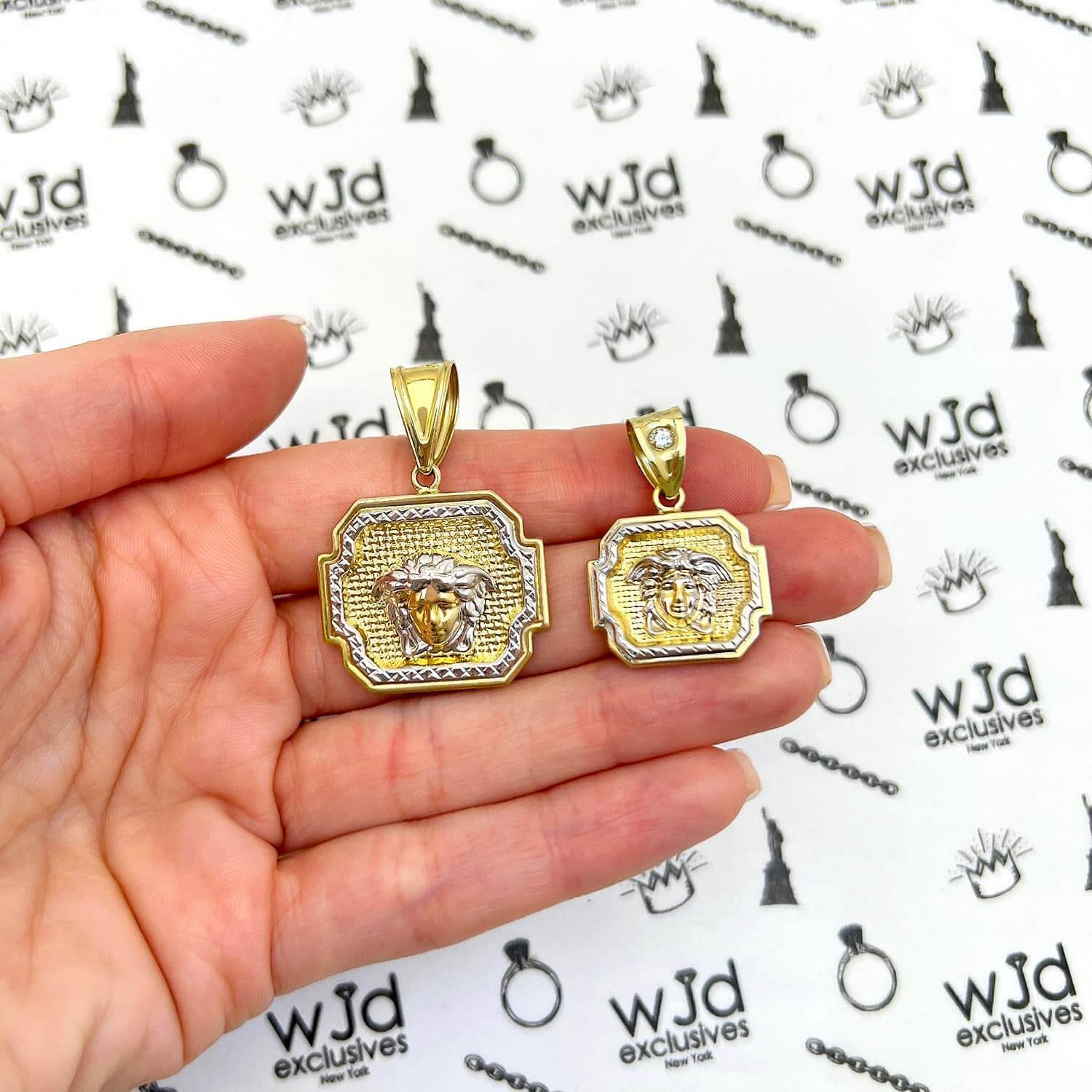 10K Yellow White Gold Two-Tone Framed Medusa Head Medallion Pendant 1.2″- 1.6″