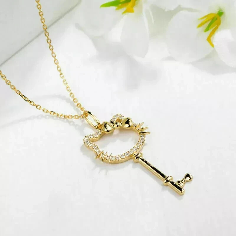 0.65Ct Diamond Kitty Key Pendant Necklace With 18″ Chain 14K Yellow Gold Finish