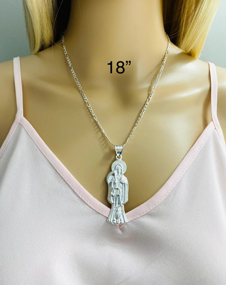 925 Sterling Silver Grim Reaper Santa Muerte Pendant / Figaro Necklace- ESP35