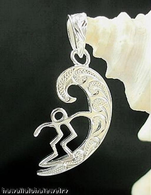16MM SOLID 925 STER SILVER HAWAIIAN SURFER WAVE RIDER ENGRAVED SCROLLS PENDANT