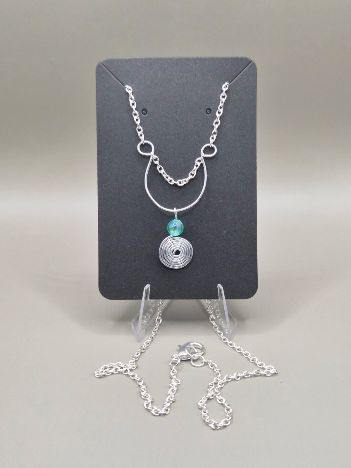 Handmade Silver Wire Spiral & Teal Bead Layered Pendant Necklace