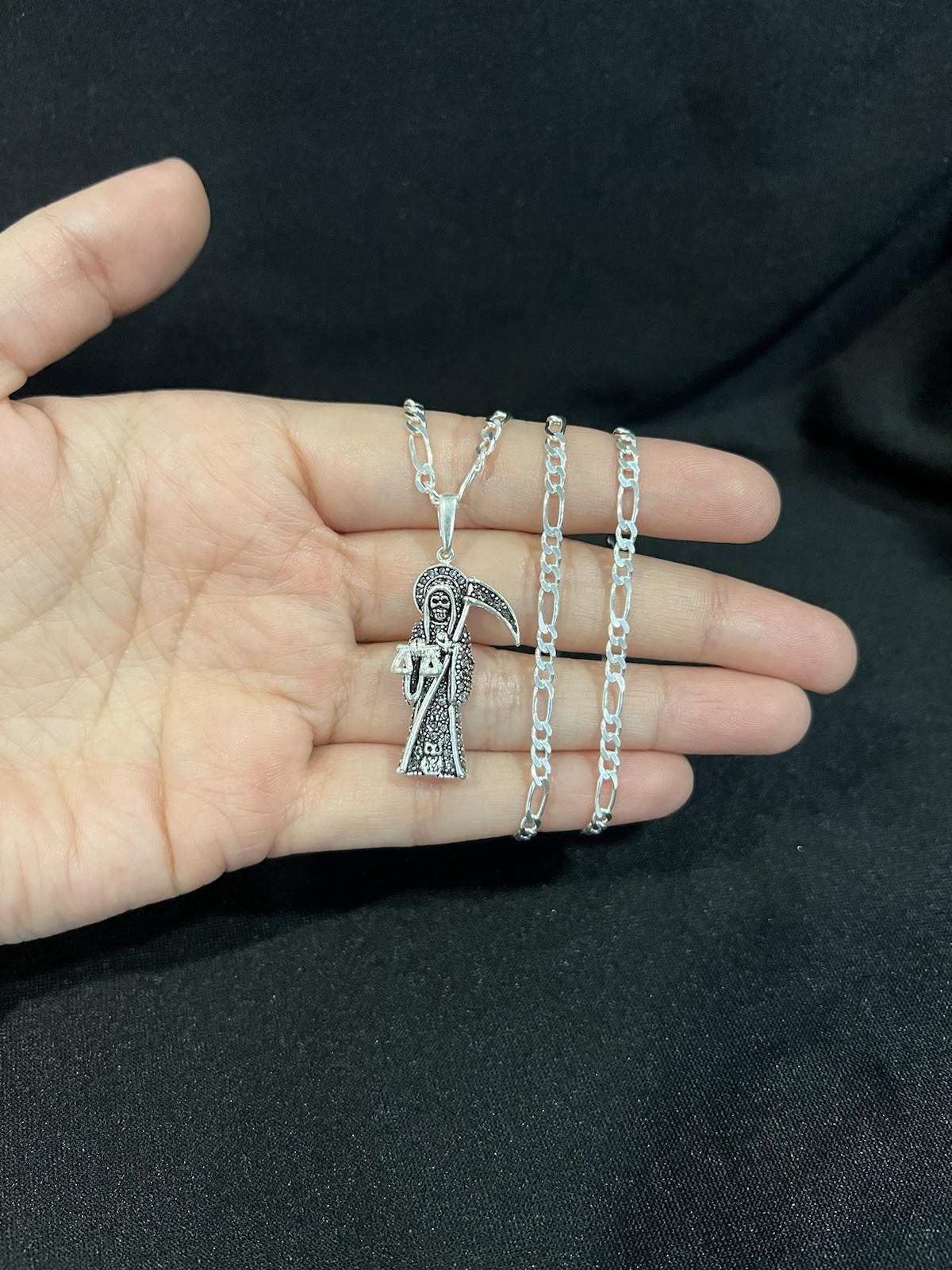 925 Sterling Silver Small Stones Santa Muerte Grim Reaper Figaro Chain 20 22 24