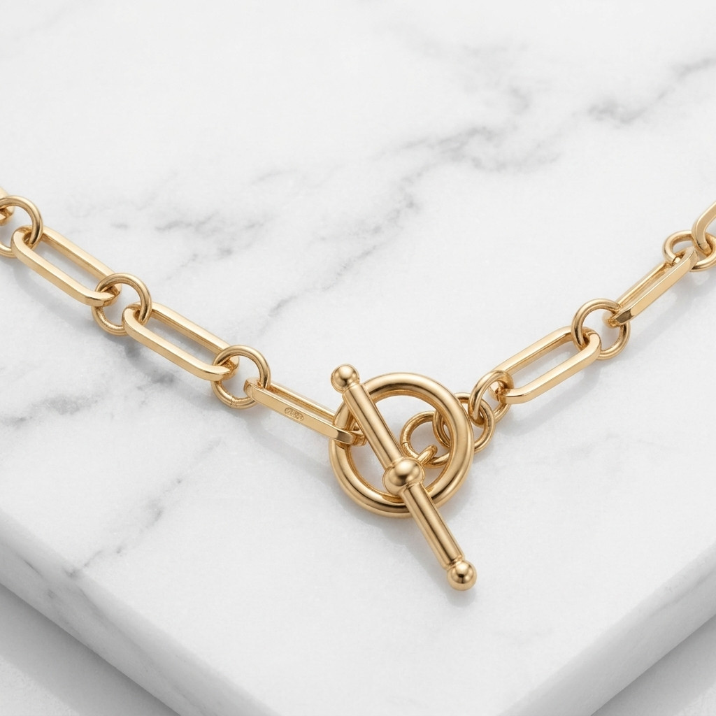 Technibond Paper Clip Chain Necklace Toggle Lock 14K Yellow Gold Plated Silver