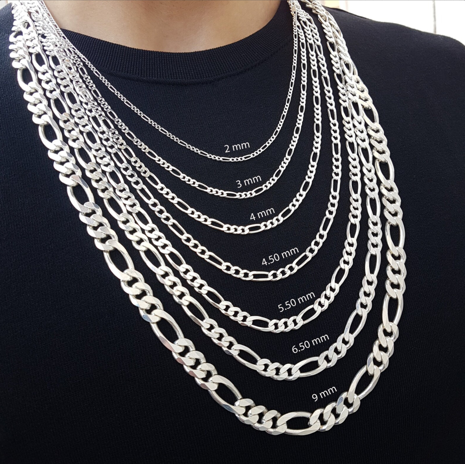 Sterling Silver Men’s Women’s Figaro Solid Chain Bracelet or Necklace 925 Italy