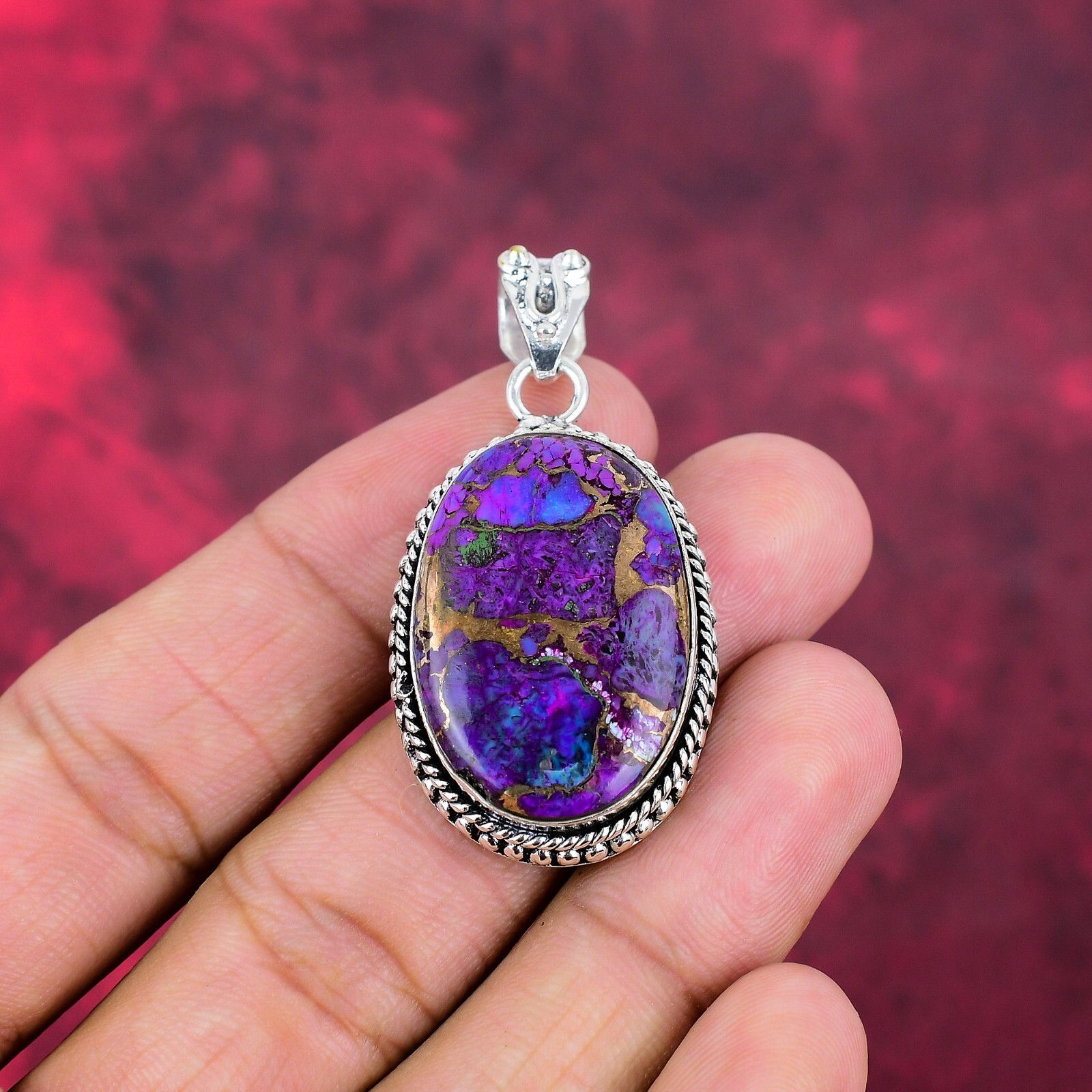 Purple Copper Turquoise Gemstone Handmade 925 Sterling Silver Pendant Jewelry