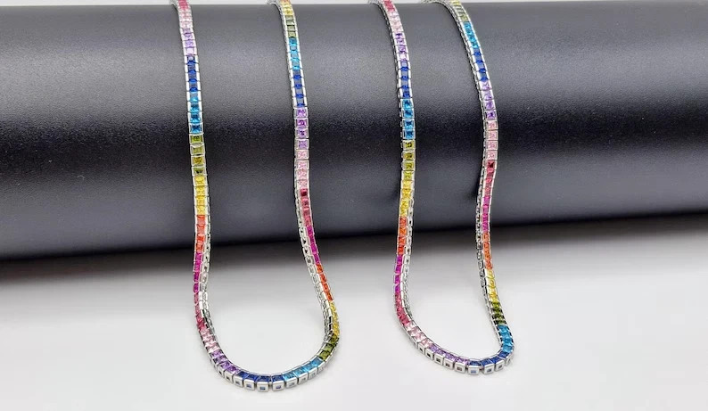 20TCW Princess Lab Created Rainbow Sapphire Tennis Necklace 925 Sterling Silver
