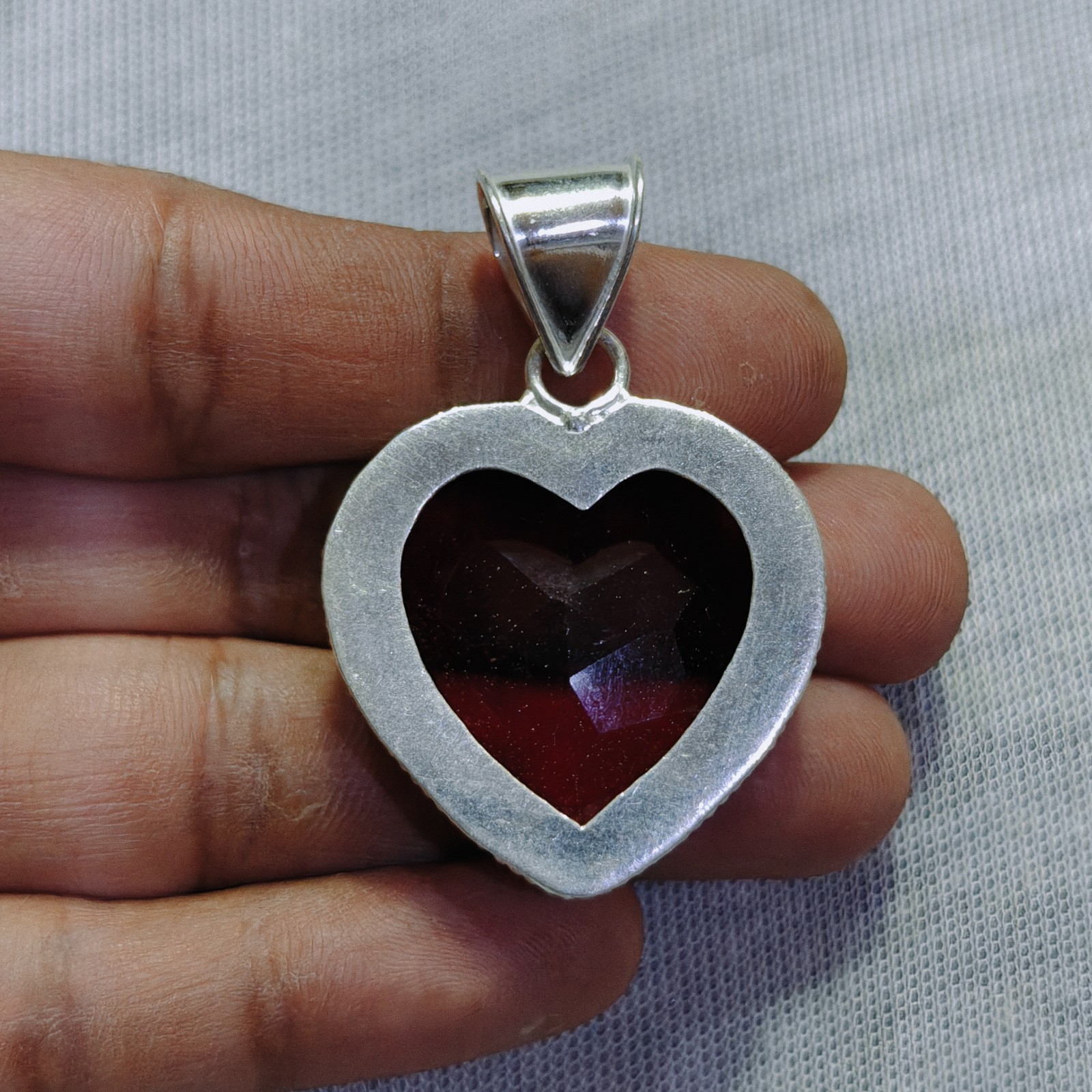 Red Garnet Quartz Gemstone Pendant Handmade Sterling Silver Heart Cut Pendant