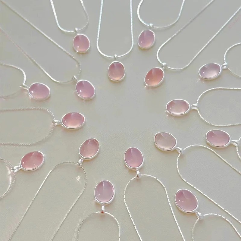 925 Sterling Silver Pink Crystal Moonstone Necklace Women Oval Pendant
