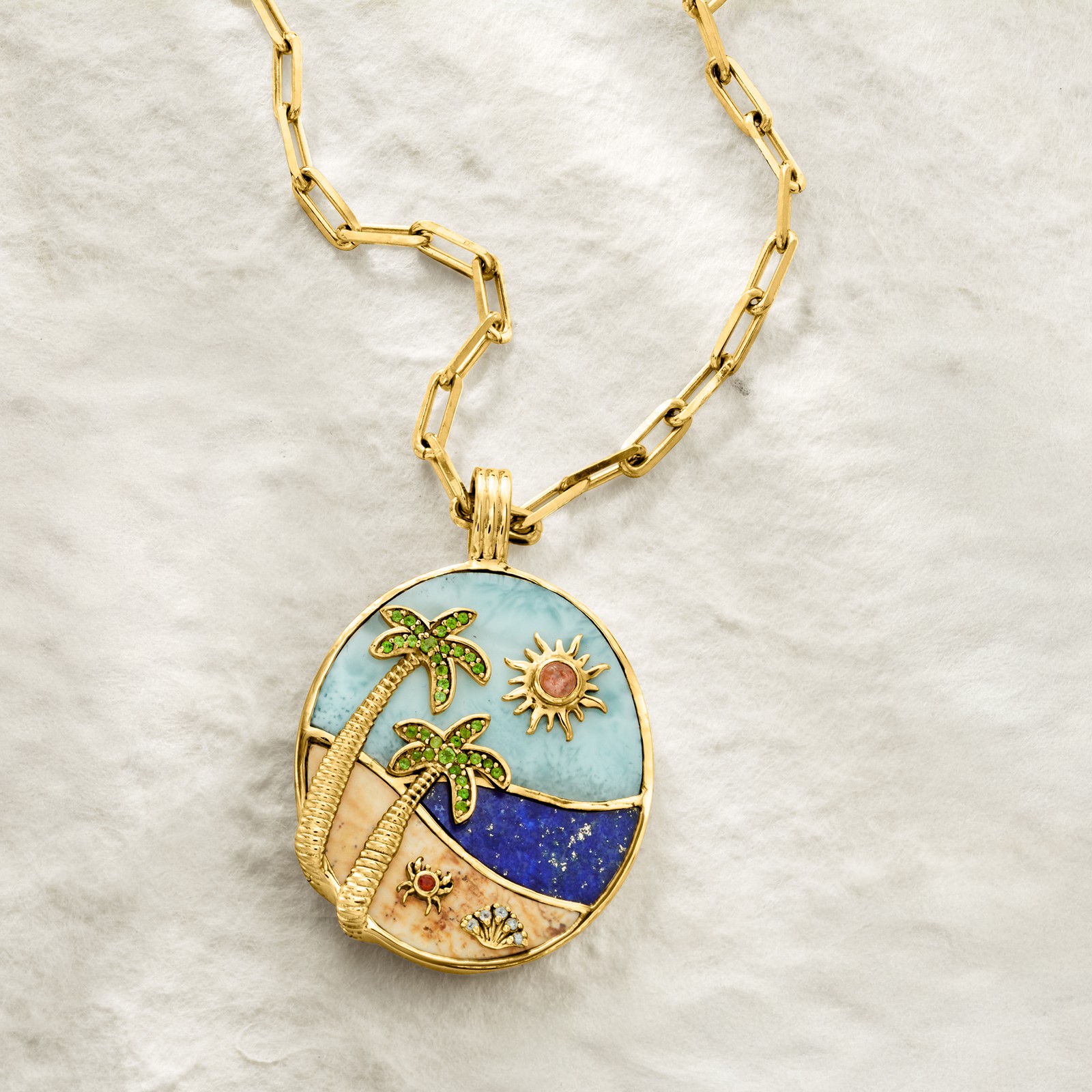 Multi-Gmstn Beach Pndnt Paper Clip Link Ncklc in 18k Gold Plate 20 inches