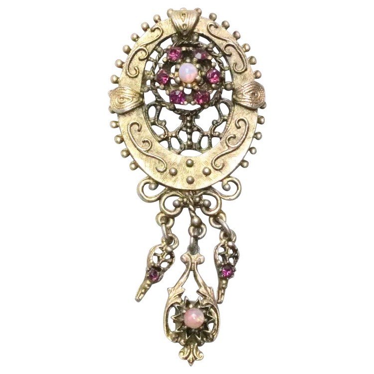 Vintage Costume Pink Rhinestone Opal Dangling Brooch Pendant