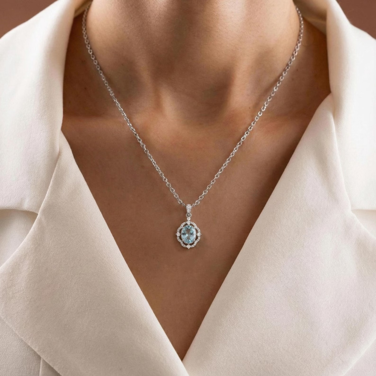 4.50 Ct Oval Cut Natural Aquamarine Diamond 14K White Gold Anniversary Pendant
