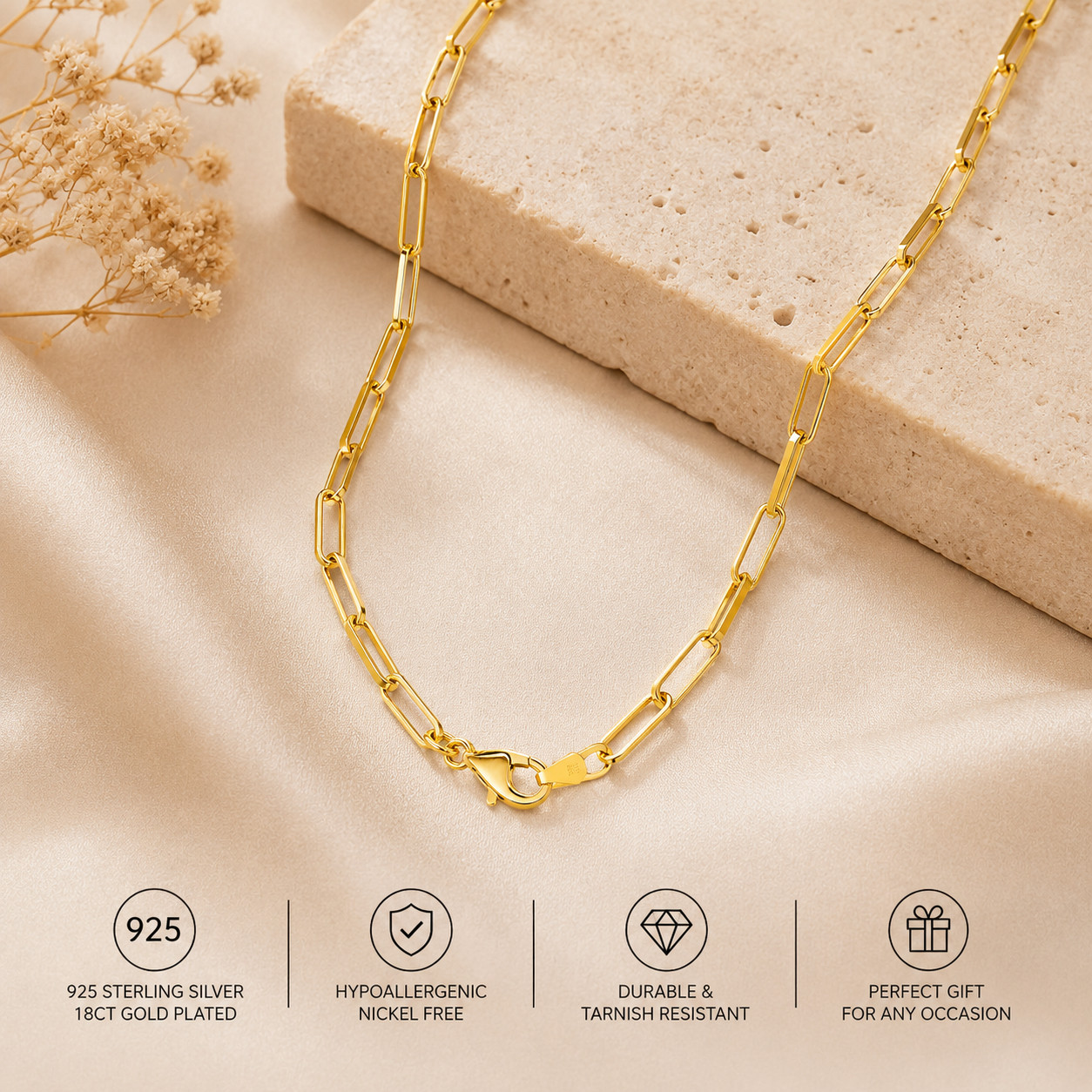 18ct Gold Plated 925 Sterling Silver Paperclip Chain Necklace Adjustable 16-18″