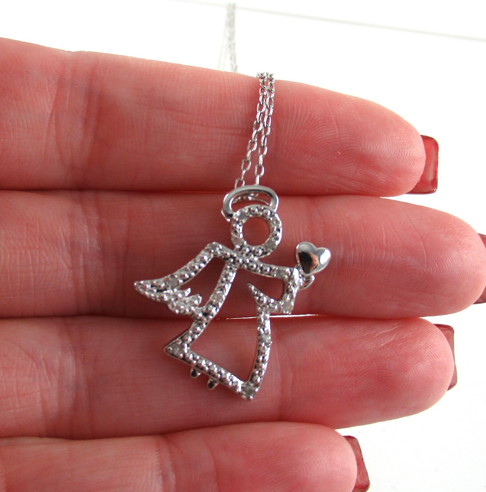 .925 Sterling Silver Diamond Guardian Angel Pendant Necklace Heart & Halo 18″