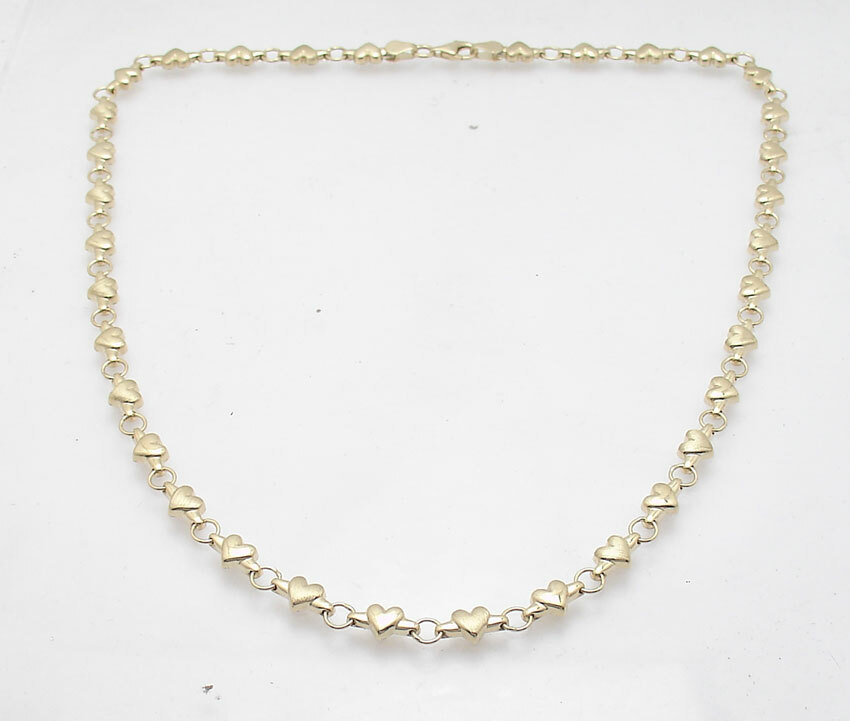 Shiny Satin Heart Linked Stampato Chain Necklace Real 14K Yellow Gold ALL SIZES