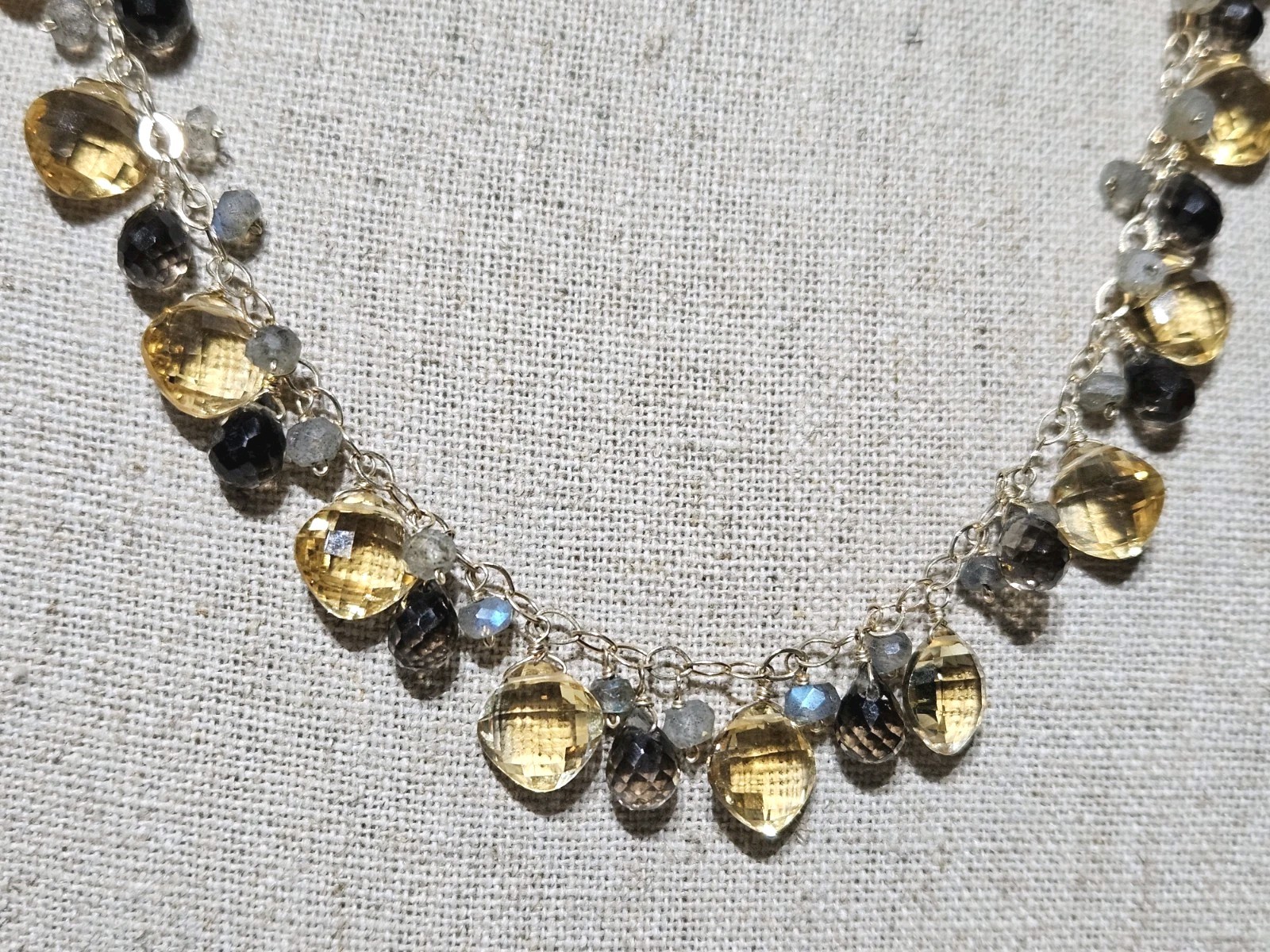 Jewelmak 14K Gold Citrine Smoky Quartz Moonstone Dangle Briolette Necklace 17″