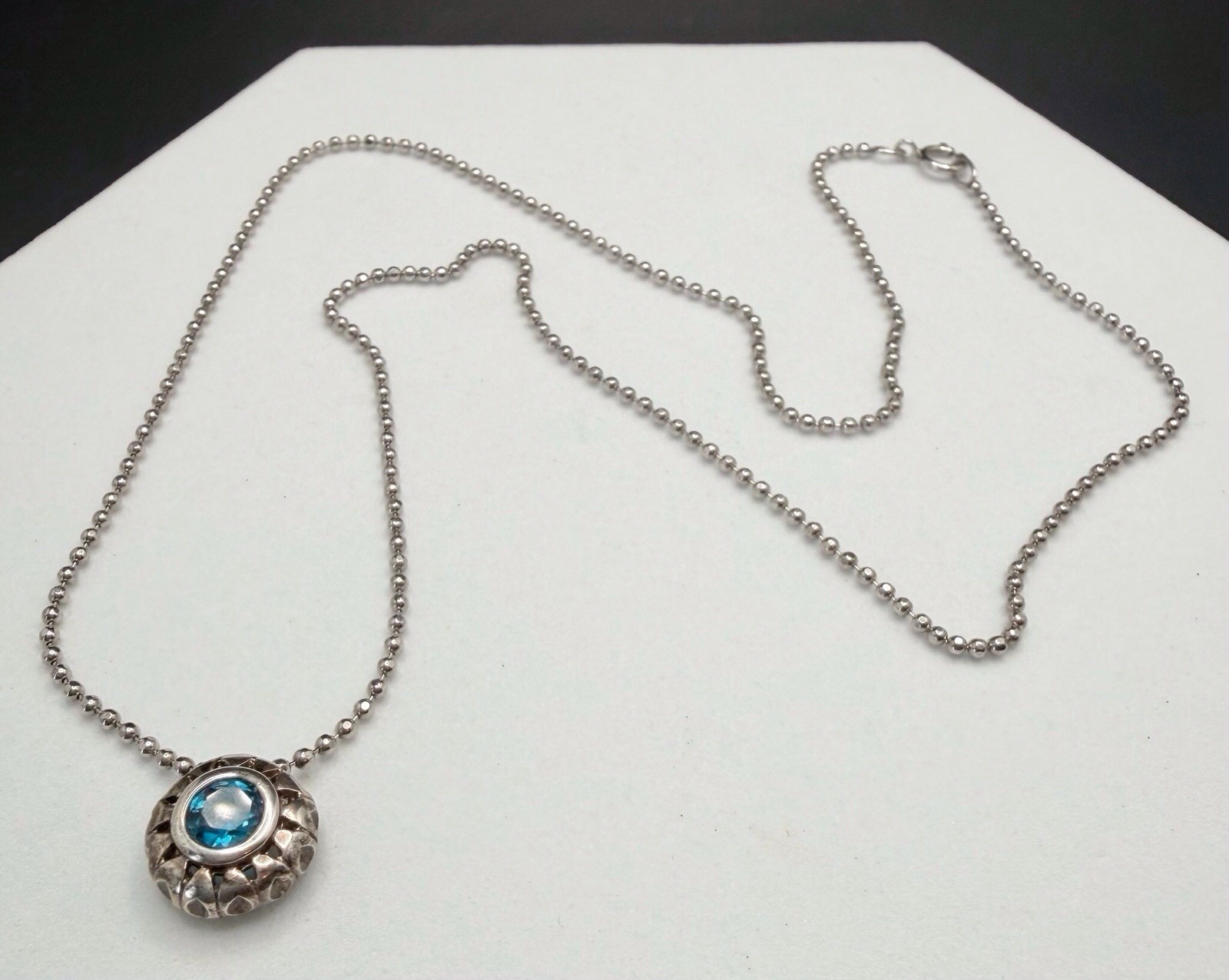 Blue Topaz 925 Sterling Silver Pendant Necklace Thailand 18” Ball Chain