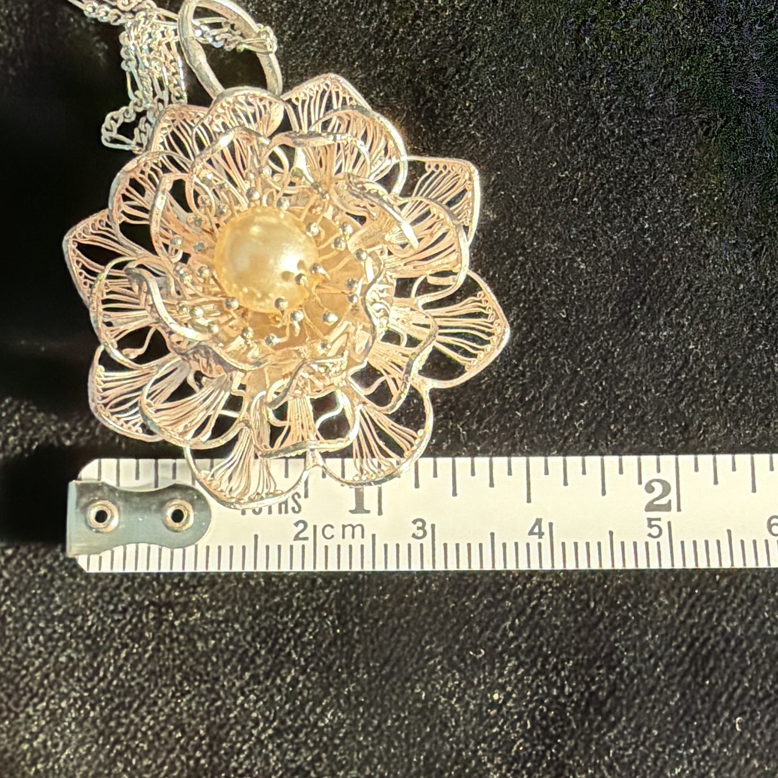 925 Sterling Silver Flower Pendant Rope Chain Necklace Cream Pearl Signed