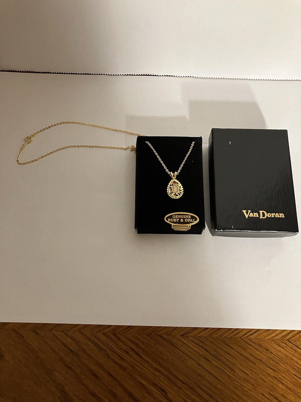 Vintage Van Doran “Genuine Ruby & Opal” Pendant Gold Tone 18” Chain Original Box