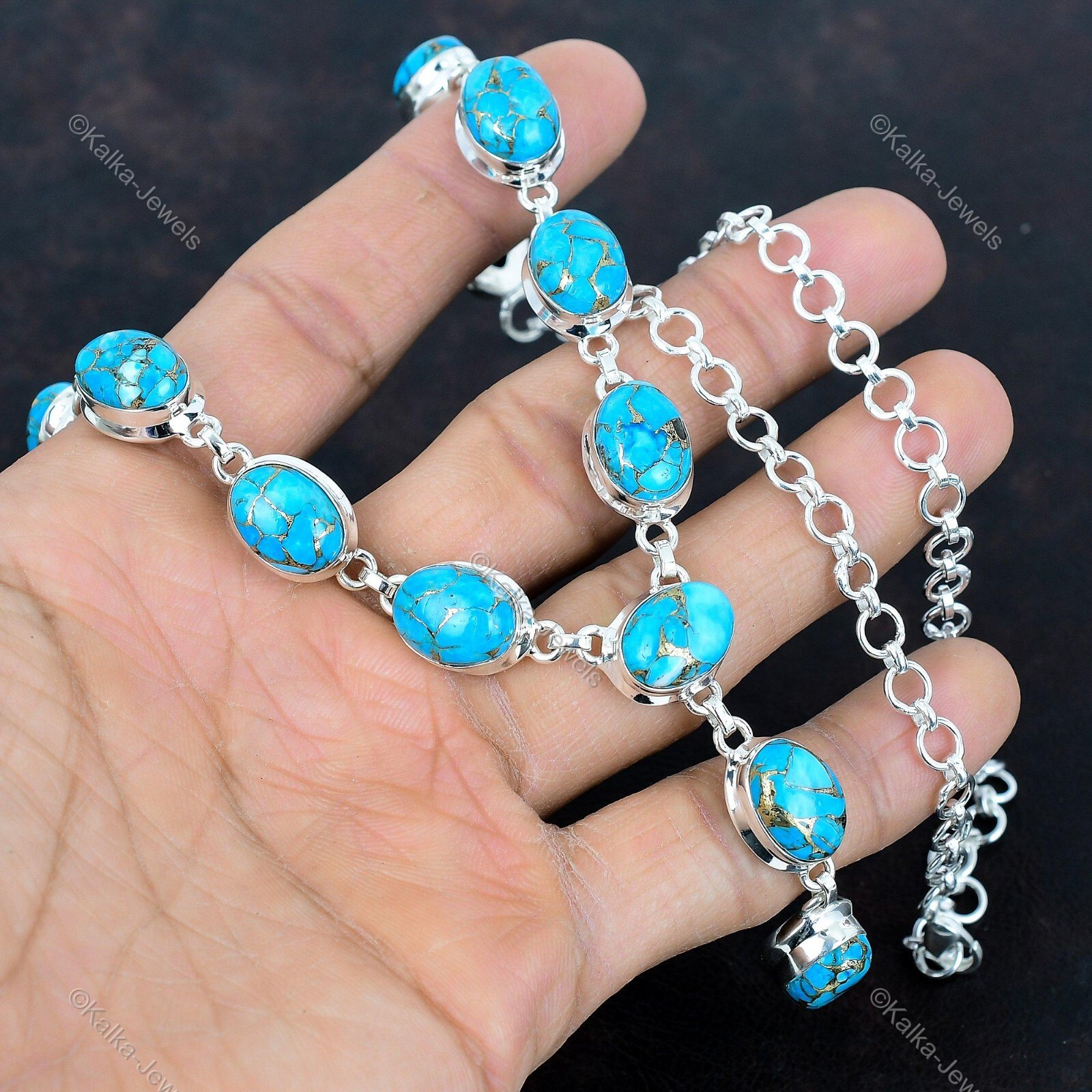 925 Silver Natural Copper Blue Turquoise Chain Birthday Wedding Necklace Jewelry
