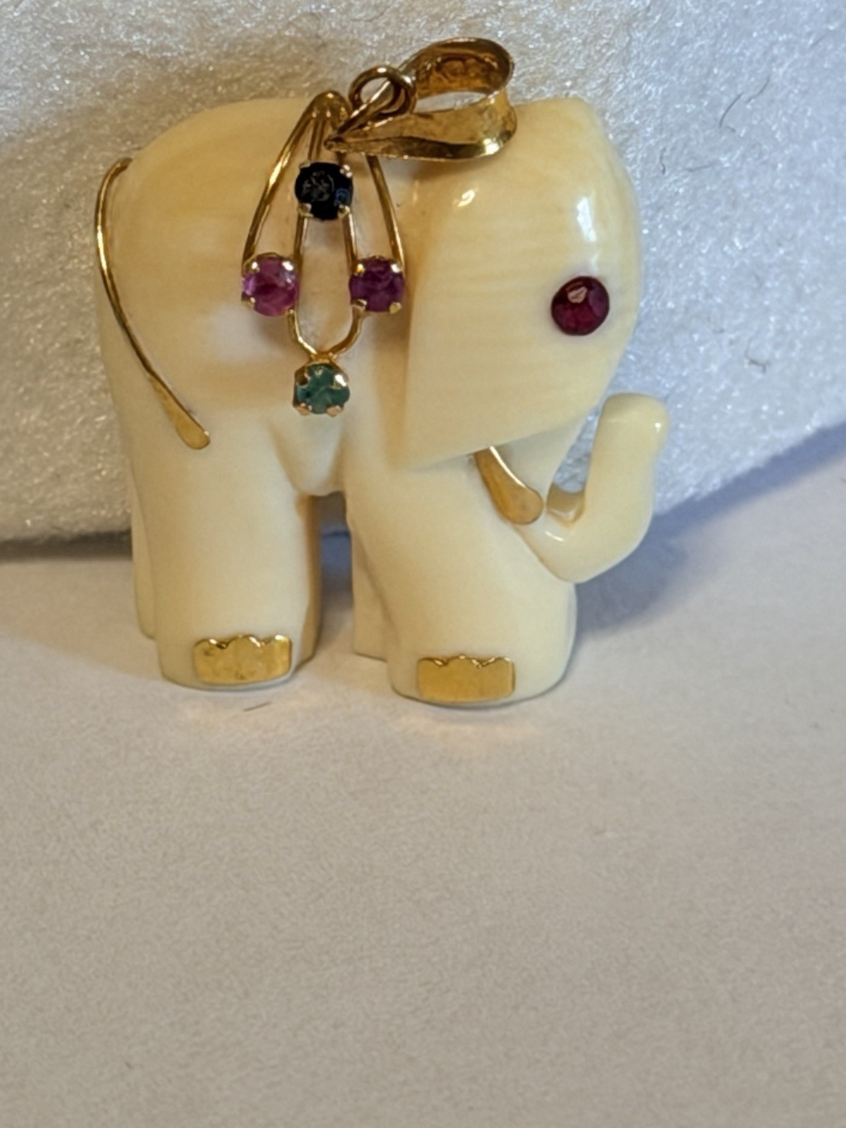 Unusual Carved Elephant Pendant, 14 Kt Gold, Ruby And Emeralds