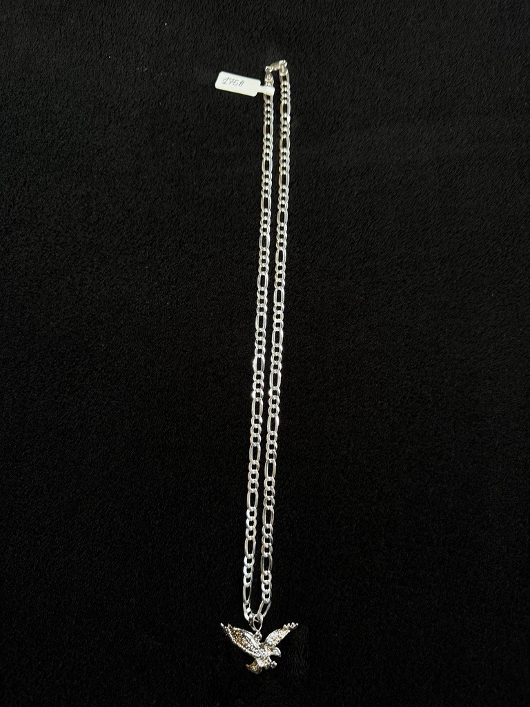 925 Sterling Silver Eagle Pendant Necklace 24 Inch Figaro Chain 22 Grams