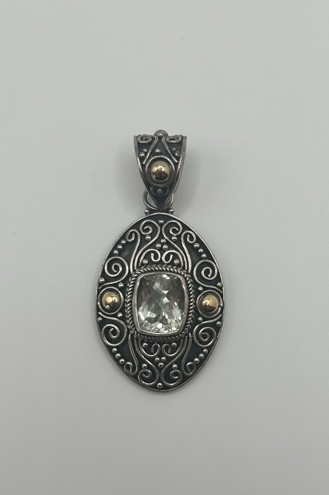 BA Suarti 18k Gold And 925 Sterling Silver Green Amethyst Scroll Pendant 2.25”
