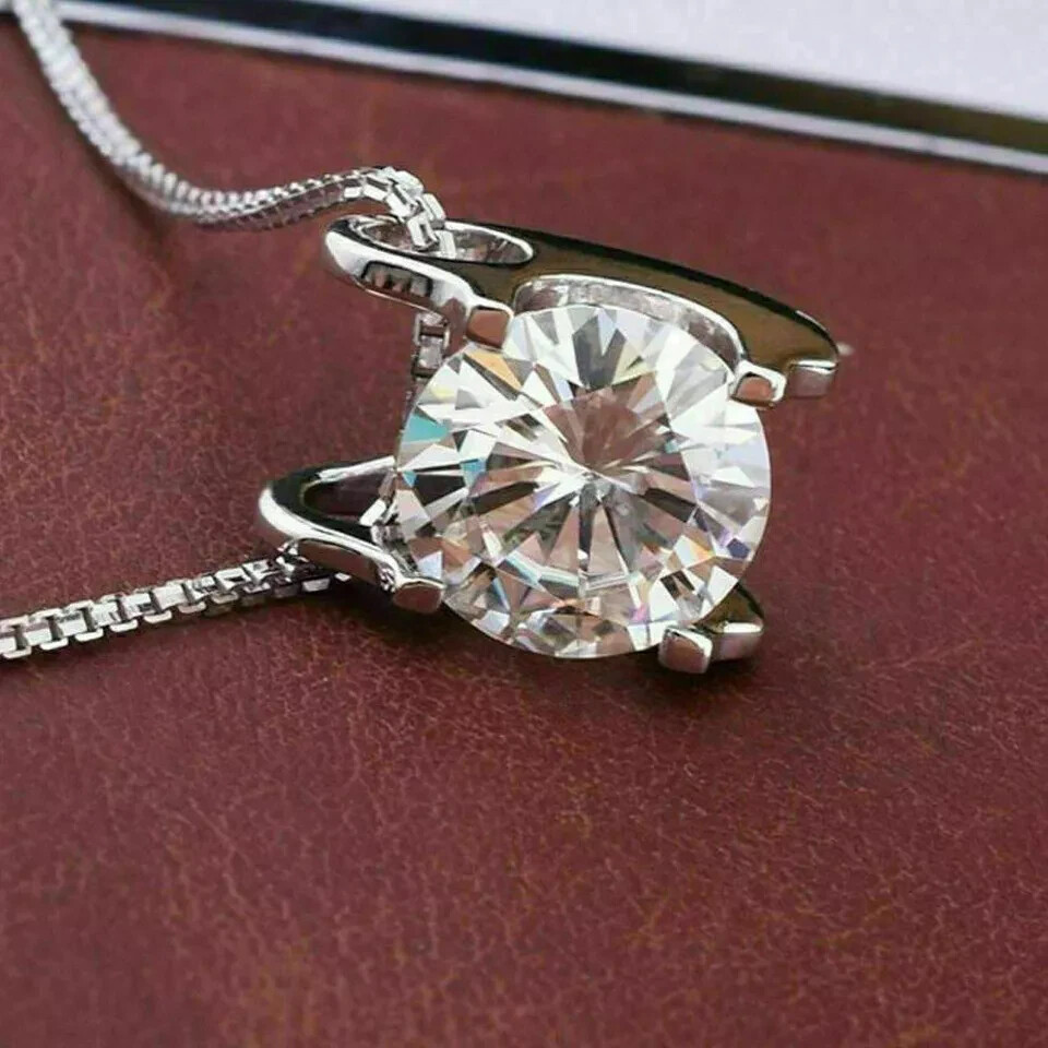 3Ct Round Cut VVS1/D Diamond Solitaire Pendant 14K White Gold Finish Free Chain