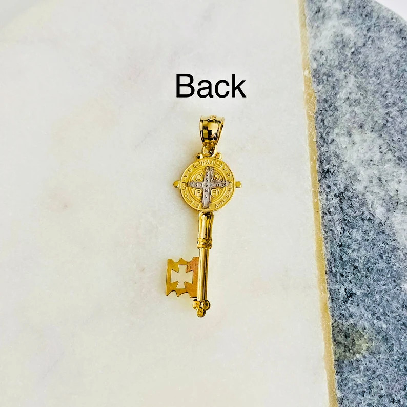 14K Solid Gold Saint Benedict 1.3″ Key, 14K Real Gold San Benito Pendant – PT738