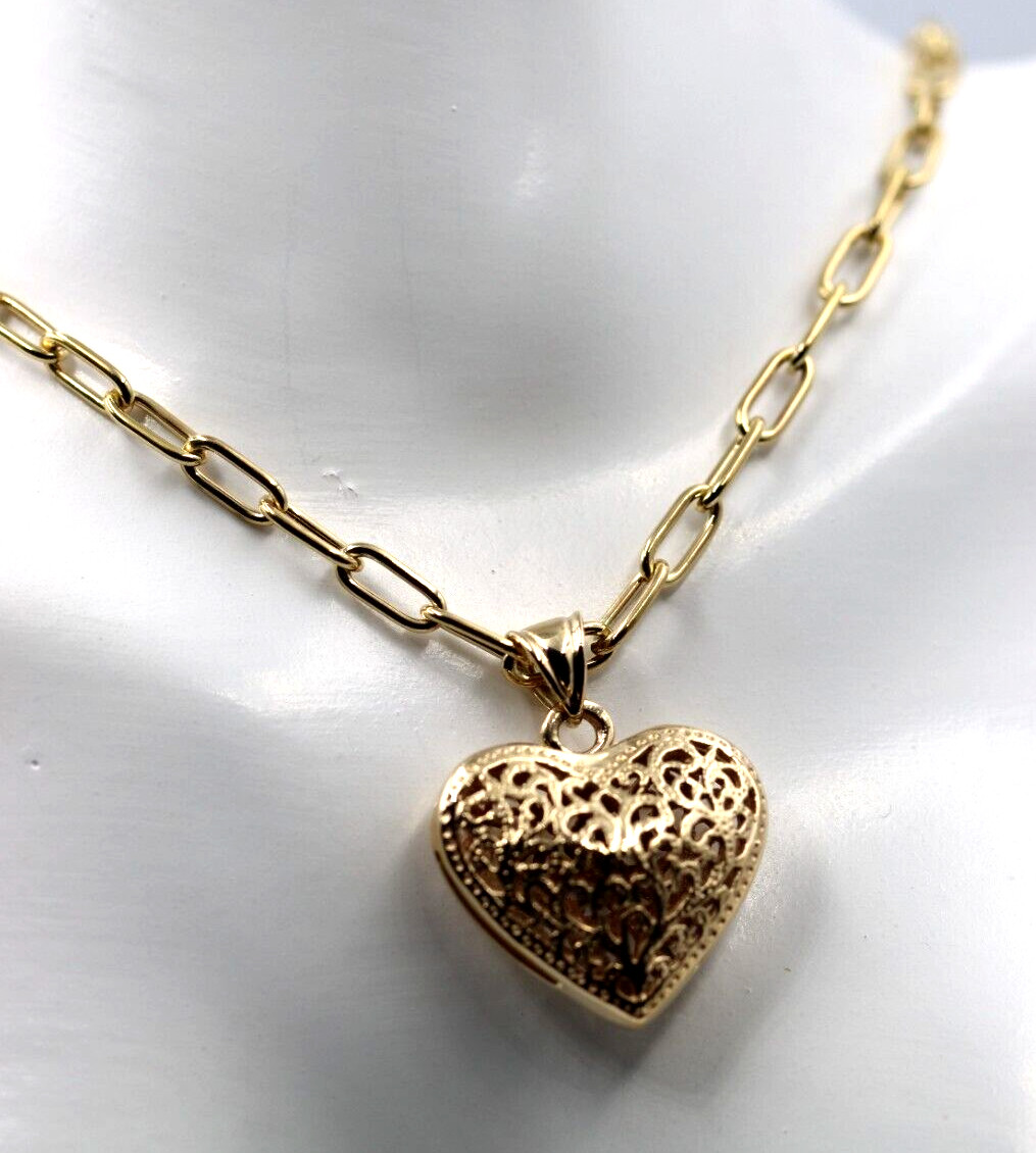 Genuine 9ct Yellow Gold Handmade Paper Clip 45cm Chain + Heart Pendant