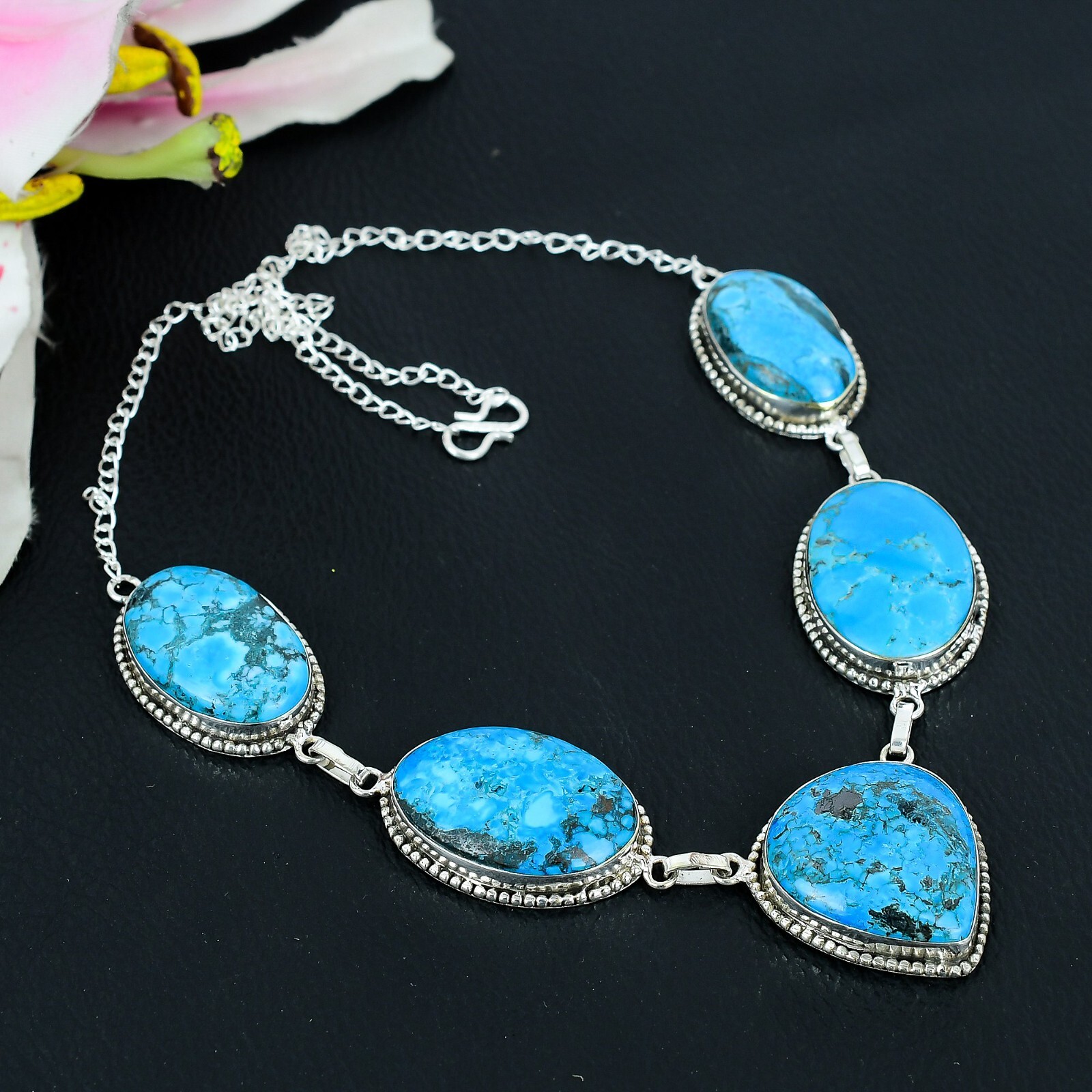 Tibetan Turquoise Gemstone Handmade Jewelry 925 Sterling Silver Necklace – 18″