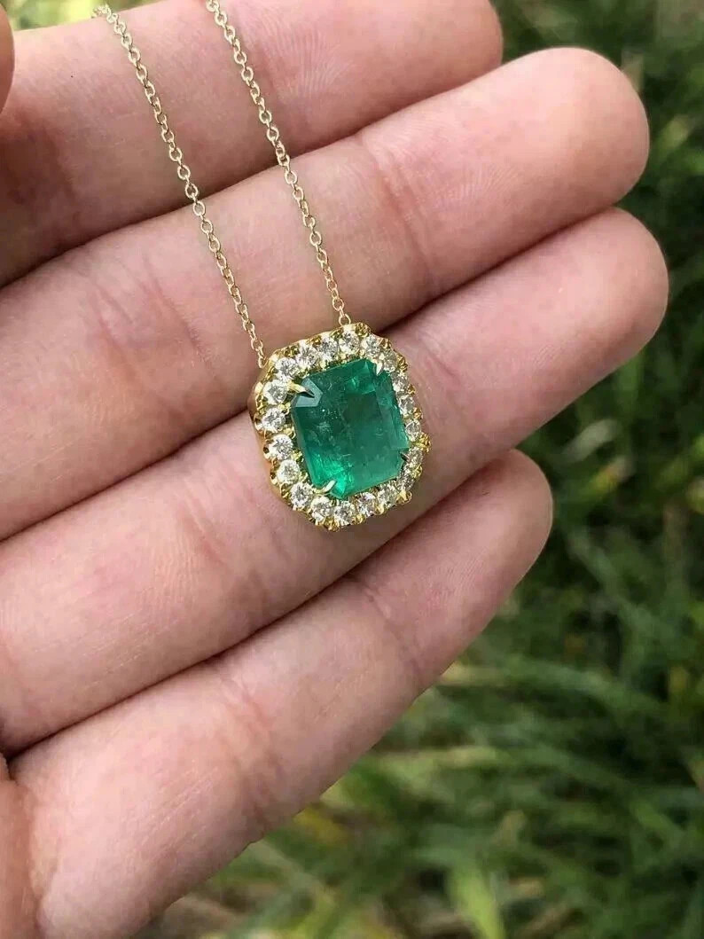 2.00Ct Asscher Cut Lab Created Emerald Halo Fancy Pendant 14K Yellow Gold Plated
