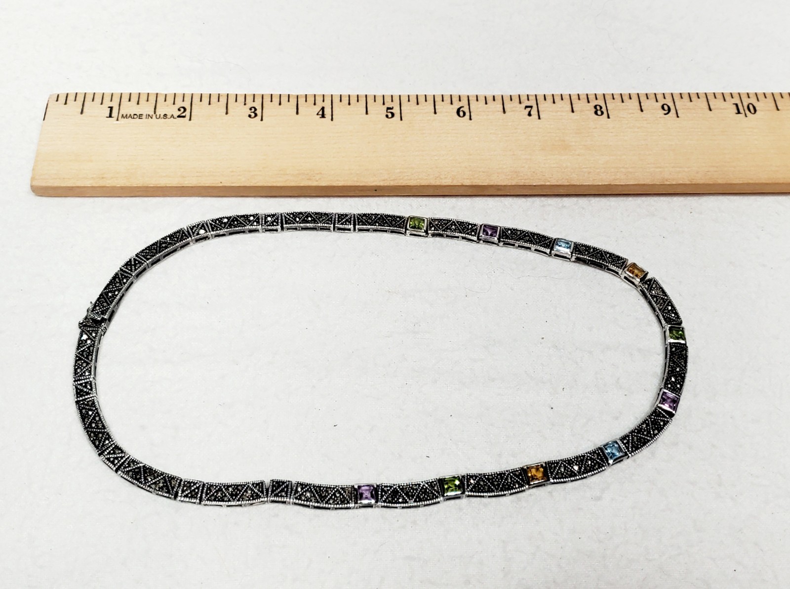 Art Deco Style Sterling Silver 925 Marcasite & Multi Gemstone Necklace Estate